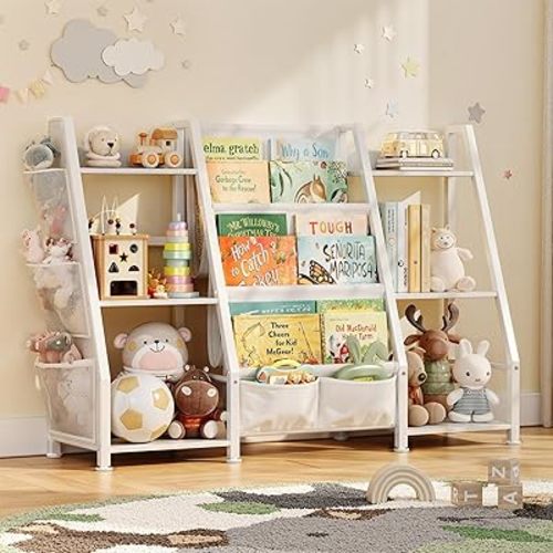 Kids Bookshelf Large Storage Bookcase: 3-Tier Book Sling Shelf Toy Organizer for Toddler - Display Rack with 3 Pockets for Kids Rooms, Bedroom, Playroom, Nursery (White, Wood + Metal)