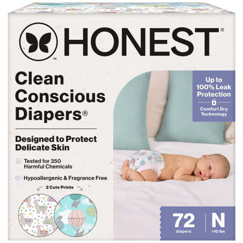 The Honest Company Clean Conscious Diapers® | Up to 100% Leak Protection I Designed to Protect Delicate Skin Hypoallergenic + Fragrance Free Above It All + All the Alpacas, Size NB, 72 Count Club Box