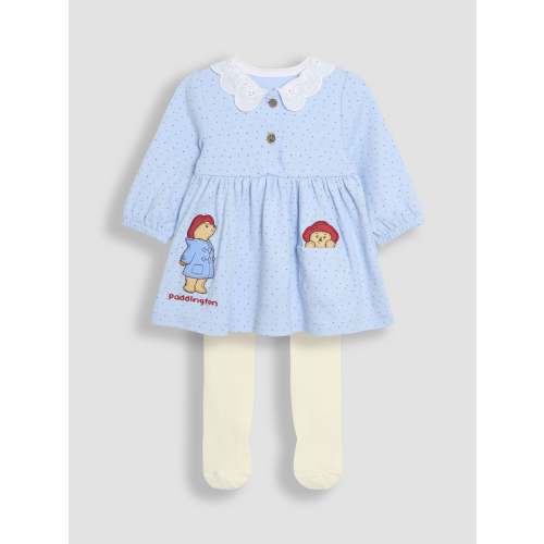 JoJo Maman Bébé Blue Paddington Appliqué Button Front Dress & Tights Set