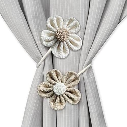 Curtain Tie Backs for Curtain Drapes, Boho Decor Holdback Farmhouse TieBacks for Blackout/Sheer Curtains, Jute Rope with Flower, Natural Decor Shabby Chic Drapery Holder, Pack-2