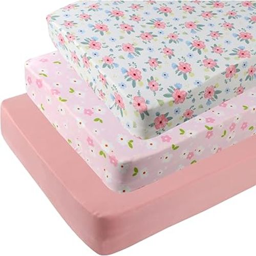 Pack n Play Sheets 3 Pack Fitted for Baby Girl, Stretchy Jersey Knitted Portable Mini Crib Sheets Playard Mattress Cover, Pink Floral