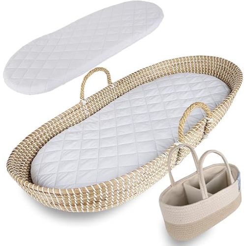 ZEAL'N LIFE Baby Changing Basket, Seagrass Basket with Diaper Basket & Baby Changing Pad with Changing Pad Cover - Moses Baskets for Newborn, Changing Table, Moses Basket for Newborns (31 Inch)