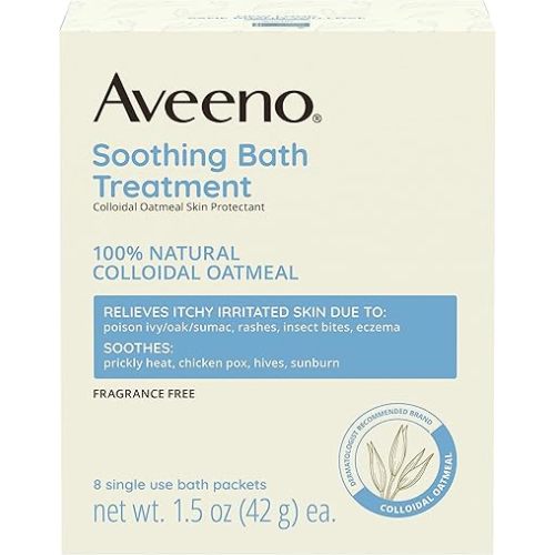 Aveeno Fragrance Free Soothing Bath Treatment, 100% Natural Colloidal Oatmeal, Sensitive Skin Bath Soak for Relief of Dry, Itchy, Irritated Skin Due to Eczema & Hives, Bath Packets, 8 ct.