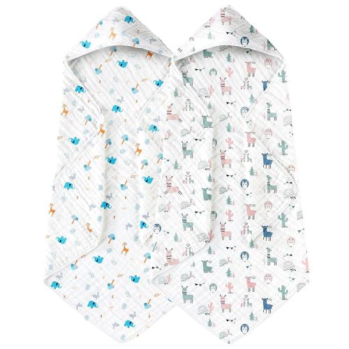 Yoofoss Hooded Baby Towels for Newborn 2 Pack 100% Muslin Organic Cotton Baby Bath Towel with Hood for Babies, Infant, Toddler and Kids, Large 32x32Inch, Soft and Absorbent Newborn Essential