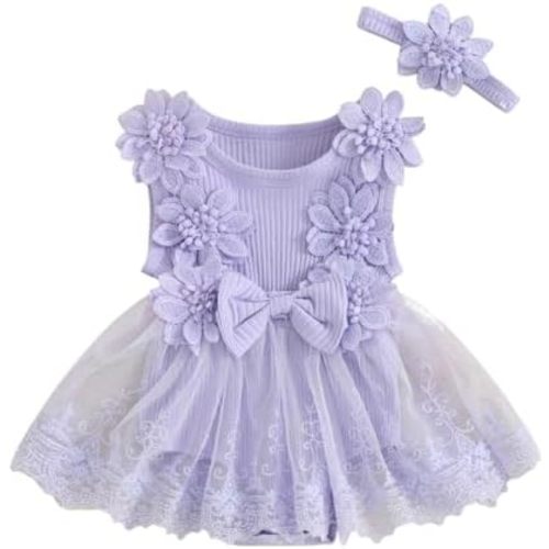 Baby Girls Smocked Romper Crochet Flower Ruffles Pleated Jumpsuits with Bow Hairband Lace Embroidery Infant Romper