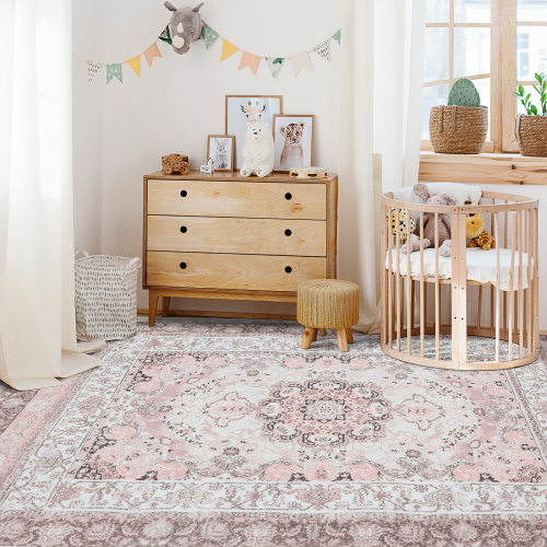 5x7 Nursery Rug - Baby Girl's Neutral Light Pink Floral Design - Pet-Friendly Boho Area Rug for Living, Dining & Bedroom