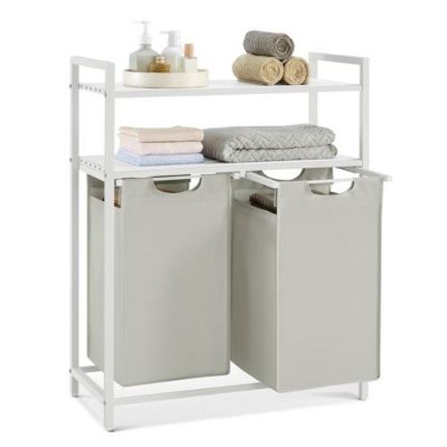 Vasagle Laundry Hamper, Laundry Basket, Laundry Sorter With 2 Pull-out And Removable Bags, 2 Shelves, 12.1 Gal (46l) Capacity Per Bag, White