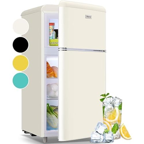 WANAI 3.5 Cu.ft Retro Mini Fridge with Freezer Small Refrigerators Dual Doors & Handles Cream Freestanding Classic Refrigerator Removable Glass Shelves Adjustable Thermostat for Home Office Dorm RV