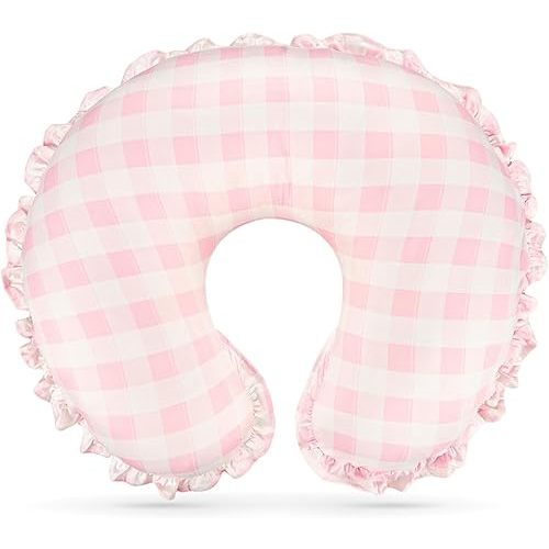 DILIMI Nursing Pillow Cover, Removable Ruffled Pillowcase for Breastfeeding Pillows, Ultra Soft Comfortable Slipcover for Baby Girl and Boy, Pink Gingham
