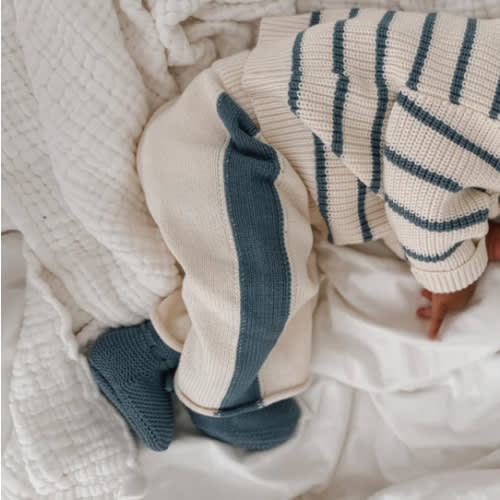 Knit Striped Pants  - Cream & Denim Blue