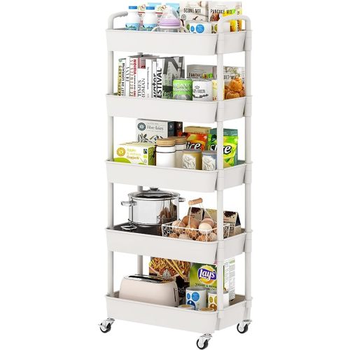 Sywhitta 5-Tier Plastic Rolling Utility Cart with Handle, Multi-Functional Storage Trolley for Office, Living Room, Kitchen, Movable Storage Organizer with Wheels, White