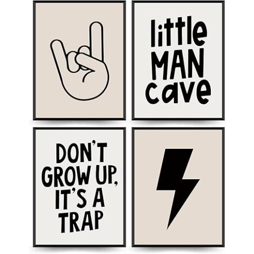 PLKMN Little Man Cave Wall Art Prints,Preppy Peace Hand Lightning Sign Poster Prints for Boys Teen Bedroom Playroom Dorm Decor,Don‘t Grow Up It’s A Trap Prints 12x16 Inch Set of 4 Unframed