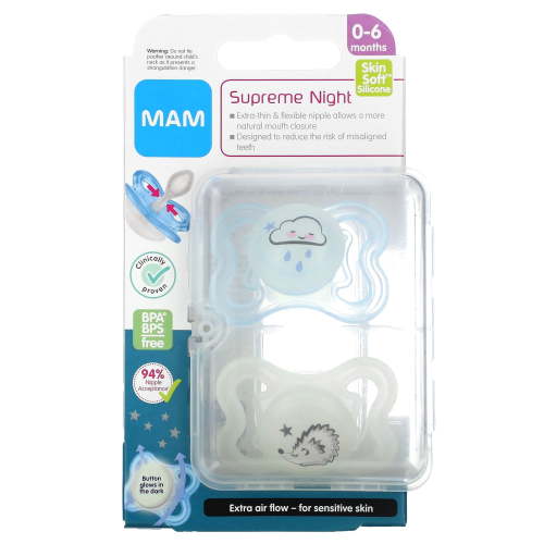 MAM Supreme Night Pacifier, 0-6 Months, Blue/Clear, 2 Count