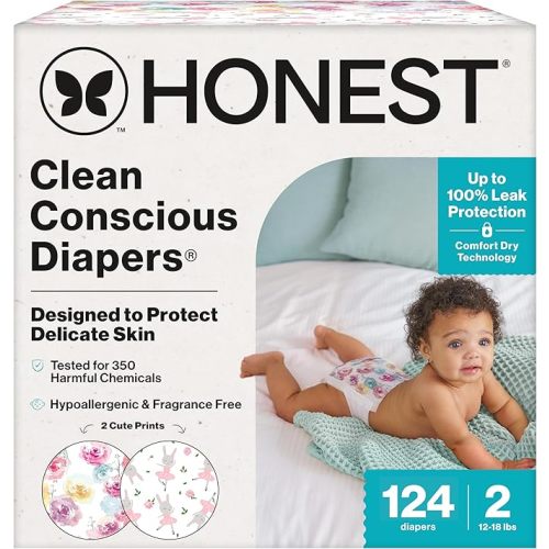 The Honest Company Clean Conscious Diapers for Delicate Skin | Up to 100% Leakproof | Hypoallergenic, Fragrance Free | Girl Prints | Super Club Box, Size 2 (12-18 lbs), 124 Count (Prints May Vary)