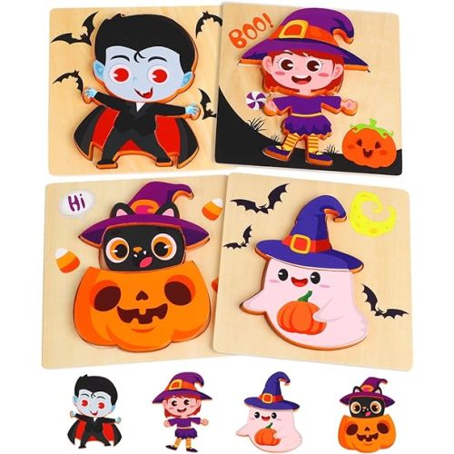 KIMOBER 4 Pack Halloween Wooden Puzzles,Ghost Witch Pumpkin Cat Monster Wooden Jigsaw Toys for Kids Toddlers Party Favors