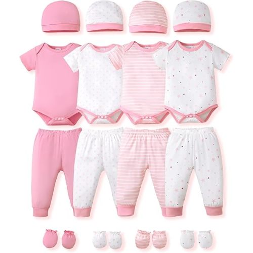 NZRVAWS Newborn Baby Boy Girl Clothes Unisex Infant Romper Pants Set Hat 4-Pack Outfits 0-12 Months 16 Pieces Toddler