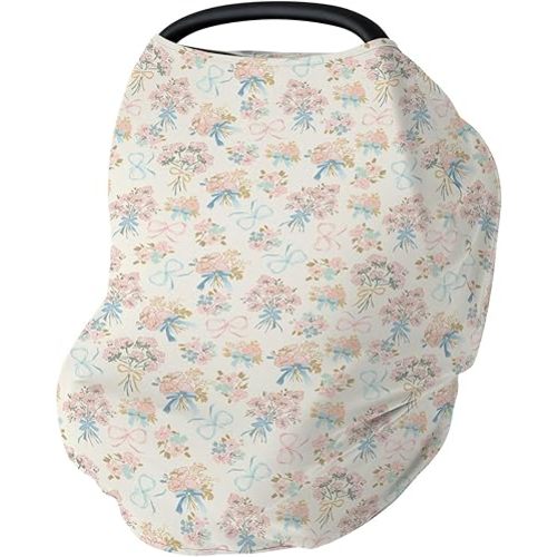 Pastel Floral Bows Baby Car Seats Covers Preppy Floral Pink Blue Bows Stretchy 5-in-1 Cover Adjustable Infant Carseat Cover Canopy Boho Flowers Spring Summer Breathable Nursing Cover-Up