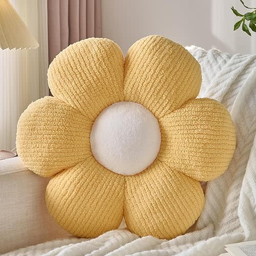 Flower Pillow, Decorative Throw Pillow for Bed Couch, Flower Shaped Pillow Home Decor Daisy Pillows (Yellow, 14.9 Inches)