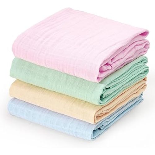 david's kids 4 Pack Baby Muslin Swaddle Blankets, 100% Cotton Swaddling Blankets Wrap for Boys Girls, Ultra Soft Breathable Receiving Blanket, New Born Essentials, Green&Pink&Blue&Beige