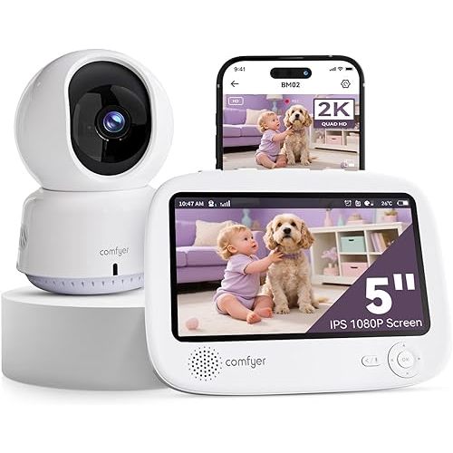 Moniteur de bébé WiFi intelligent 2K Comfyer – Écran divisé 1080p de 5 pouces, application téléphonique et contrôle du moniteur, alertes de mouvement, suivi automatique, détection de mouvement et de