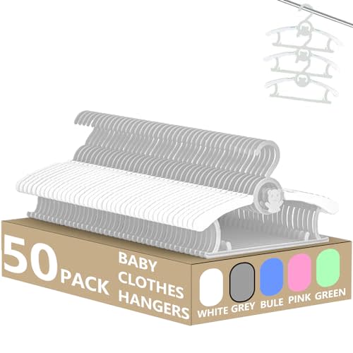HGYZE Kid Hangers for Closet 50pcs, Grey Infant Clothes Hanger 11-14" Adjustable Plastic Baby Coat Perchas with Bear Hook, Non-Slip Children Outfit Hangars for Girl Boy Toddler Newborn Teen Clothing