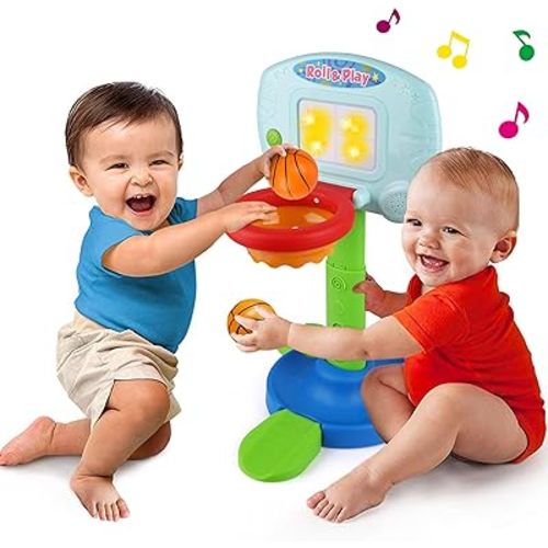 LotFancy Basketball Hoop for Kids Toddlers 9m-3y, Infant 2 in 1 Adjustable Sports Toy Set, Baby Interactive Learning Toy, with Light and Music, Indoor Basketball Game, Battery Include