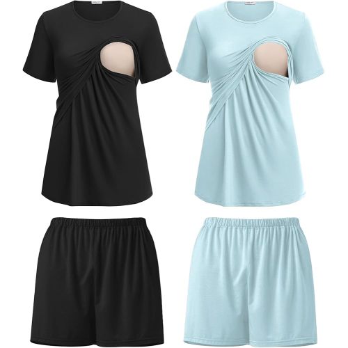 Ekouaer Double Layer Nursing Pajamas 2 Pack Short Sleeve Breastfeeding Pjs Postpartum Sleepshirts Maternity Tops & Shorts with Pockets XL Black/Light Blue