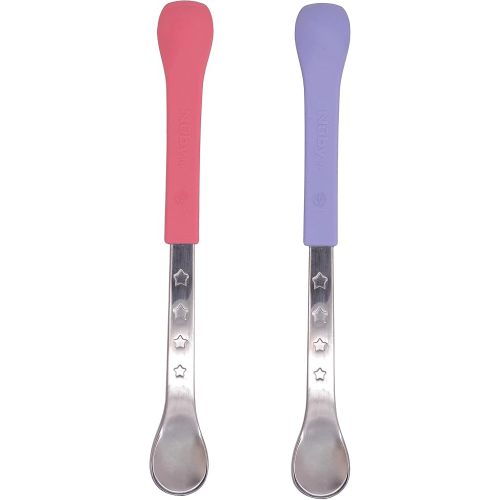 Nuby 2-in-1 Hot Safe Feeding Spoons - (2-Pack) Spoons for Babies 6+ Months - Pink and Purple