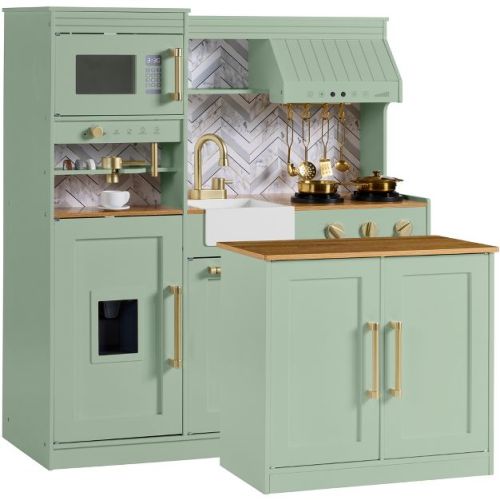 Best Choice Products Deluxe Wooden Pretend Play Kitchen with Island and Espresso Machine - Sage