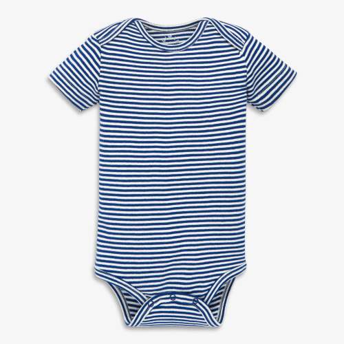 Organic short sleeve babysuit in mini stripe - Cobalt / ivory stripe / NB