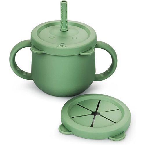 Baby Straw Cup Silicone Toddler Sippy Cup with Straw & Snack Lid, Sprill Proof Training Cup for Infant 6+ Months, Kid Snack Cup Drinking Open Cup 8 OZ(Loden Frost Green) - loden frost green