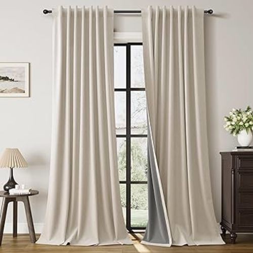 Sand 100% Blackout Linen Curtains 102 Inches Long 2 Panels Set Neutral Farmhouse Thermal Insulated Soundproof Hook Belt Room Darkening Curtain for Living Room Bedroom Sliding Door Back Tab Buff 52x102