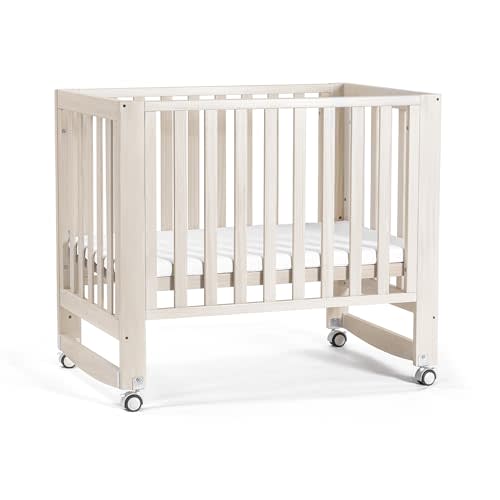 EvoNest Baby Crib, 6 in 1 Convertible Mini Crib with Wheels, 100% New Zealand Wood Growing Bed, 4 Adjustable Mattress Height, Washed Natural