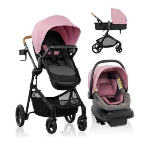 Evenflo Pivot Travel System with LiteMax NXT Infant Car Seat - Lilas Pink: Bassinet Reclining Seat, Snack Tray, EVA Tire