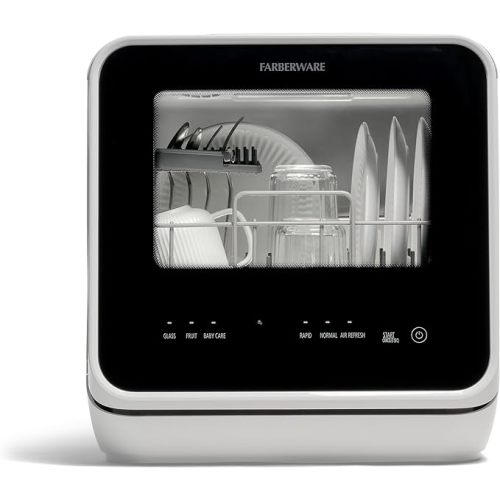 Farberware Portable Countertop Dishwasher with 5-Liter Built-in Water Tank - 5-Program System for Home, RV, and Apartment - Wash Dishes, Glass, and Baby Products - 2-Place Setting - Black/White