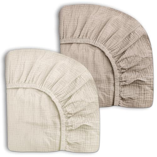 Pack and Play Sheets for Baby Boy and Girl 2 Pack, Neutral Muslin Cotton Pack N Play Mattresses Sheet 27"x39", Muslin Nursery Bedding Soft and Breathable Comfort(Beige & Cream)