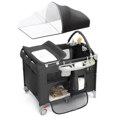 Ktaxon 5 in 1 Bedside Bassinet, Pack and Play, Bedside Crib with Diaper Changer, Spacious Storage Basket, Protective Mosquito Net, Engaging Toy Bar and Travel Bag for Newborn to Toddler(Black)