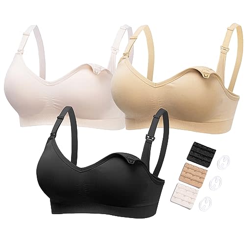 HOFISH Maternity Nursing Bras for Breastfeeding, 3 Pack Pregnancy Deep V Neck Wireless Bra with Extenders & Clips
