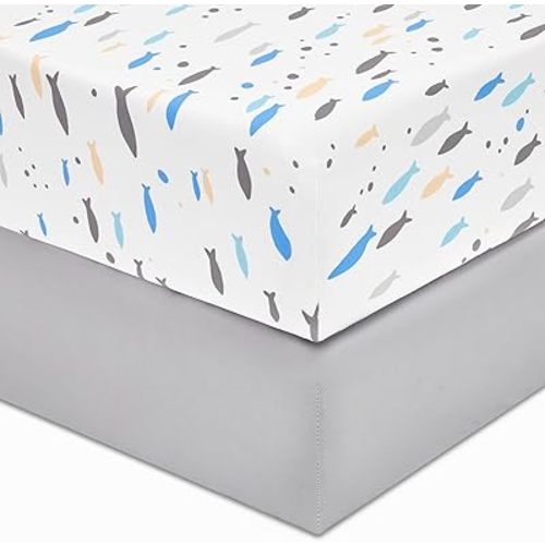 TILLYOU Fitted Crib Sheet Set - Super Soft Toddler Bed Sheets for Standard Crib and Toddler Mattresses, Premium Cozy Nursery Bedding Sheet 28"x52", Little Blues Fish and Gray