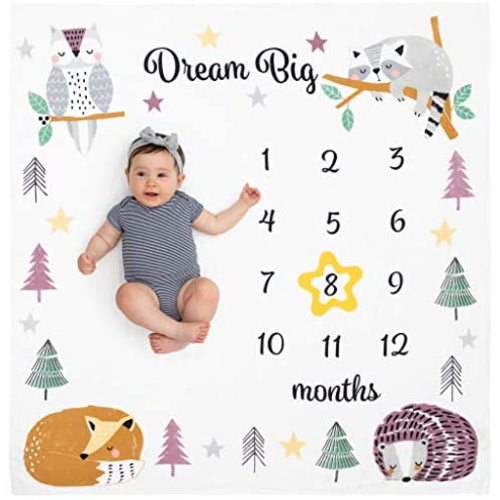 Organic Baby Monthly Milestone Blanket for Boy or Girl - Woodland Animals Baby Month Blanket for Boys - Dream Big Baby Photo Growth Blanket, 1-12 Months Milestones, 47”x47”