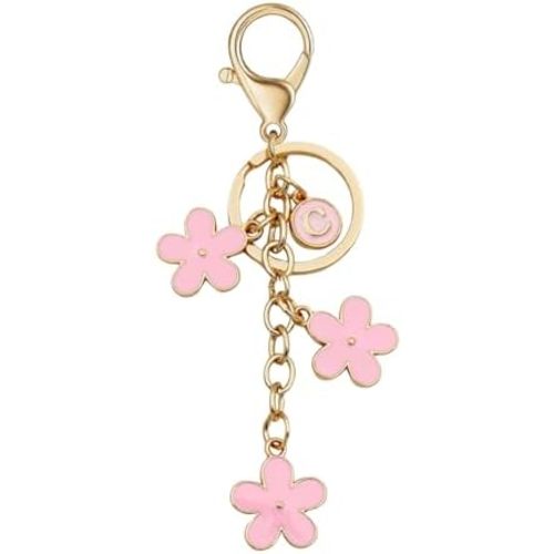 Cute Initial Letter Keyring for Women Girls Nice Flower Keychains for Handbag Backpack