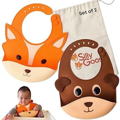 Silly Goose Set of 2 Silicone Animal Baby Bibs for Babies and Toddlers, Waterproof, Adjustable, Soft, Extra Wide Food Catcher Pocket (2PK Fox+Bear)