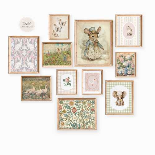 Vintage Girl Nursery Gallery wall art, Pink Beige Sage Green nursery artwork, Antique painting, Set of 11, Cottagecore newborn bedroom