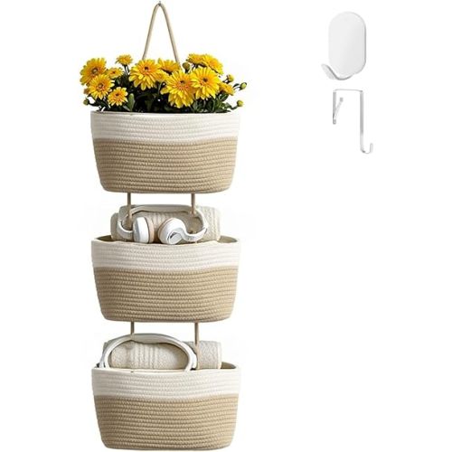 Hanging Baskets for Organizing,Bathroom Organizers and Storage,3-Tier Woven Cotton Wall-Mounted Storage Organizer Bag Decorative,Kitchen,Living Room,Bedroom,Nursery