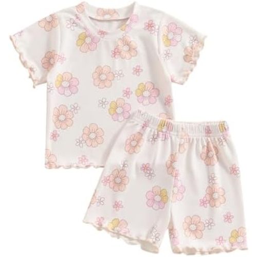 Mandizy Toddler Baby Girl Clothes Summer Ribbed Knit Ruffle Short Sleeve Striped Print T-Shirt Tops Shorts Set Outfit