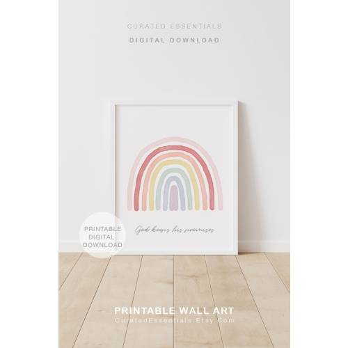 Pastel Rainbow Print, Christian Wall Art, God Keeps His Promises, PRINTABLE Wall Art, Bible Verse, Rainbow Nursery Decor, DIGITAL DOWNLOAD
