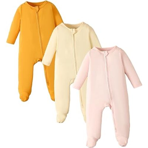 OPAWO Newborn Footie Pajamas with Mitten Cuffs Double Zipper Sleepers Baby Boy Girl Onesie Footed One-Piece Romper 0-6 Months
