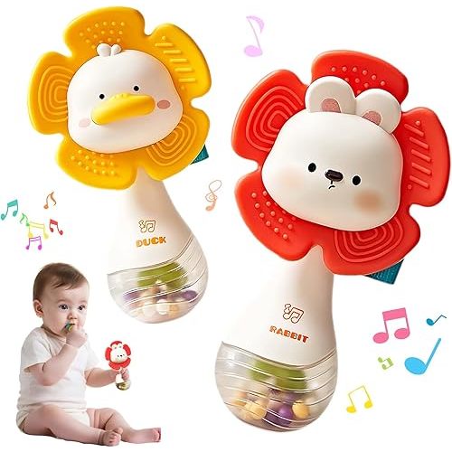 weirtoya 2 PCS Baby Rattles Teething Toys 3-6 Month, Baby Toys 0-6 Months Sensory Toys with Beads Grasping Infant Teether Shaker Toy, Newborn Must Haves Montessori Toys Babies Gifts