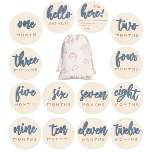 3D Baby Milestone Wooden Circles Hello World Newborn Sign 7 Pack Double Sided Monthly Milestone Cards Sign Baby Announcement Sign for Newborn Shower Photo Props (Slate Blue)
