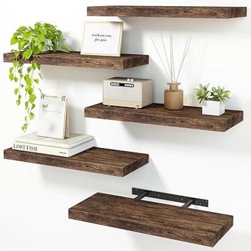 Fixwal 15.8in Floating Shelves for Wall, Rustic Brown Shelves Wall Mounted Shelf with Invisible Bracket for Bathroom, Living Room, Bedroom, Kitchen, Office Decor (5 Pack)